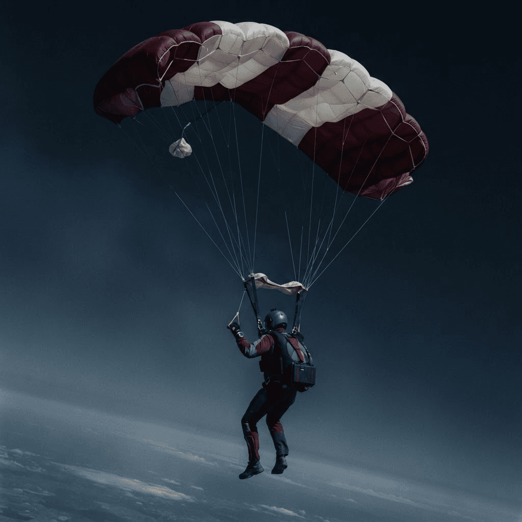 A maroon-and-white canopy carrying the parachutist and the Amanah during descent